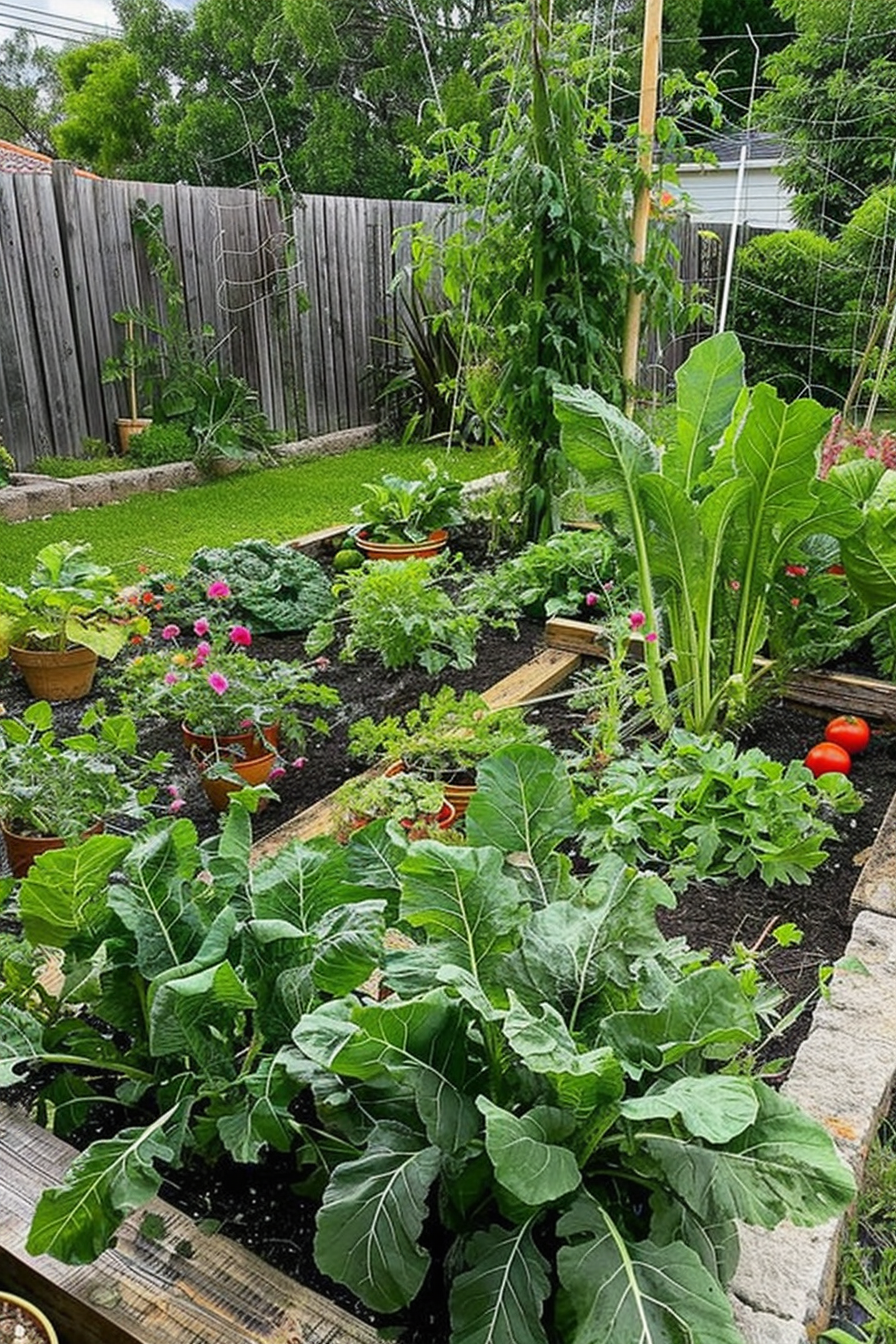 A lush backyard vegetable garden with raised beds, potted plants, and trellises against a wooden fence.