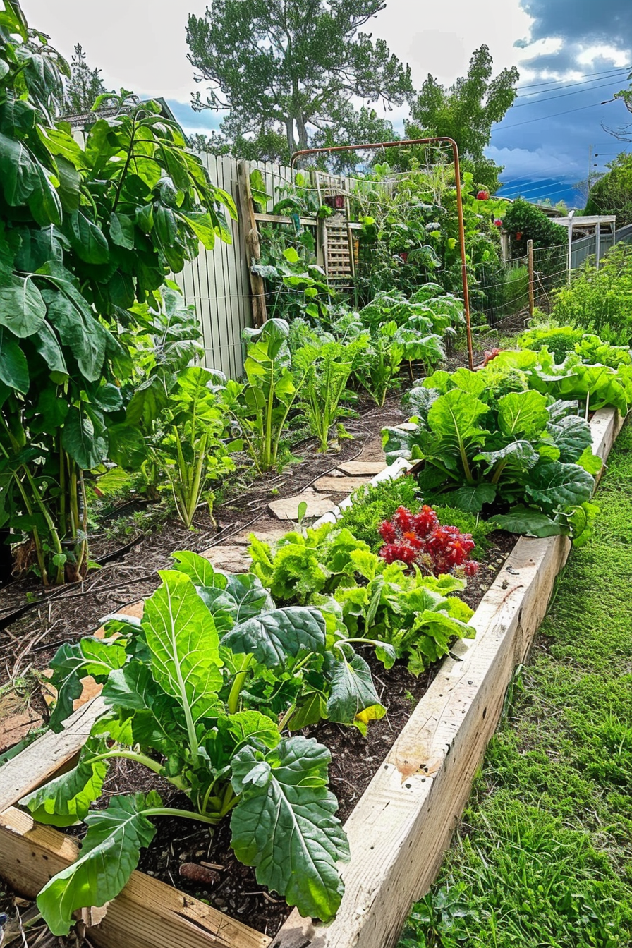 Lush backyard garden with raised beds full of green leafy vegetables and a bright cloudy sky in the background.