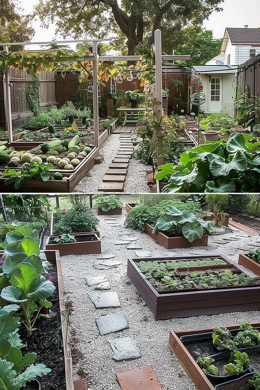 A well-organized backyard garden with raised beds full of vegetables, gravel pathways, and a shaded sitting area.
