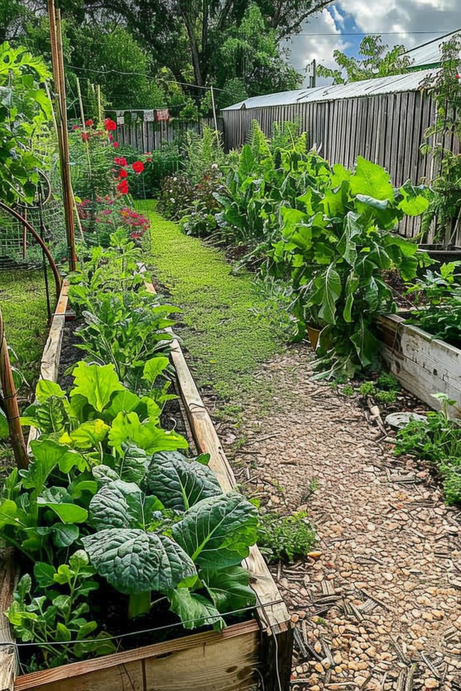A lush backyard garden with raised beds full of healthy greens, a gravel path in between, and bright red flowers.