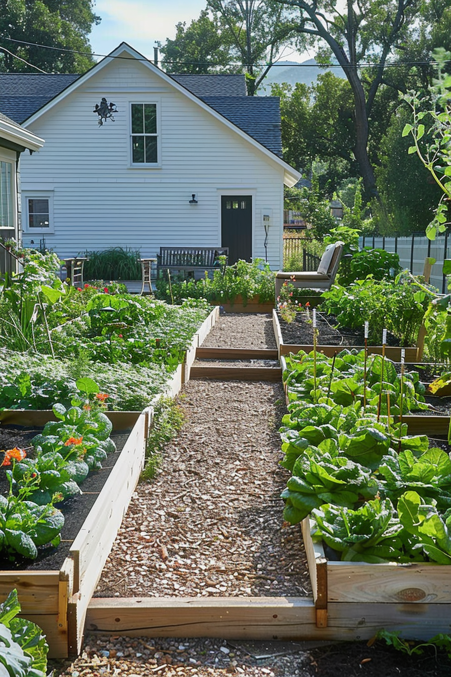 A well-maintained backyard vegetable garden with raised beds and a gravel path leading to a white house.