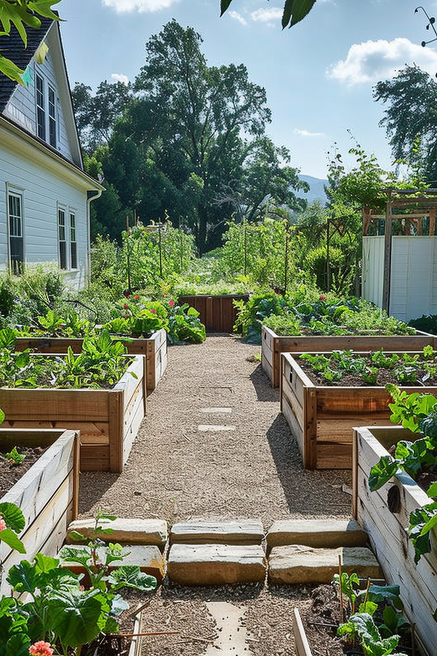Pathway with raised garden beds on each side, lush greenery and a white house to the left under a clear sky.