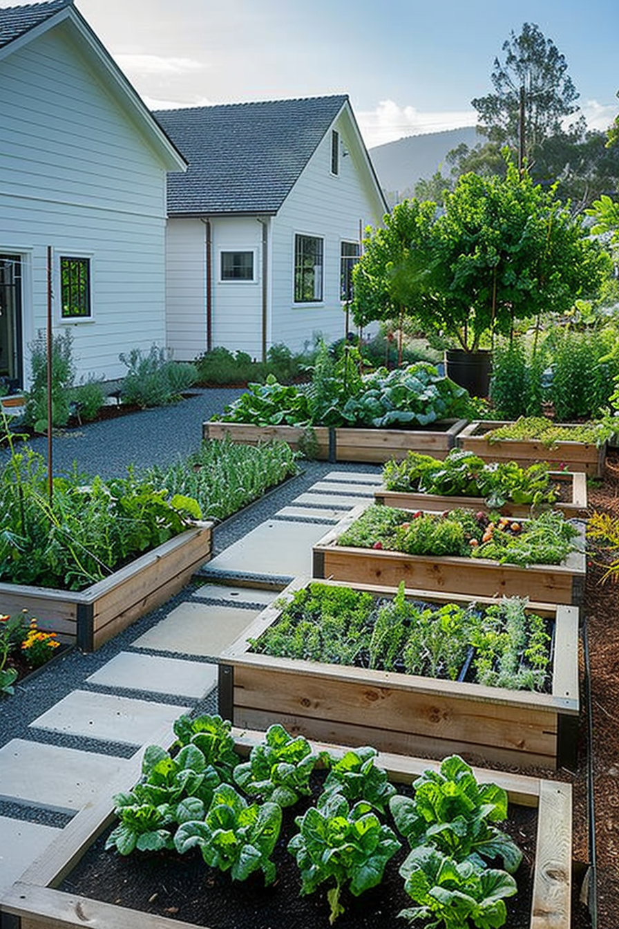 Raised garden beds with various plants in a backyard, in front of a white countryside house, under a clear sky.