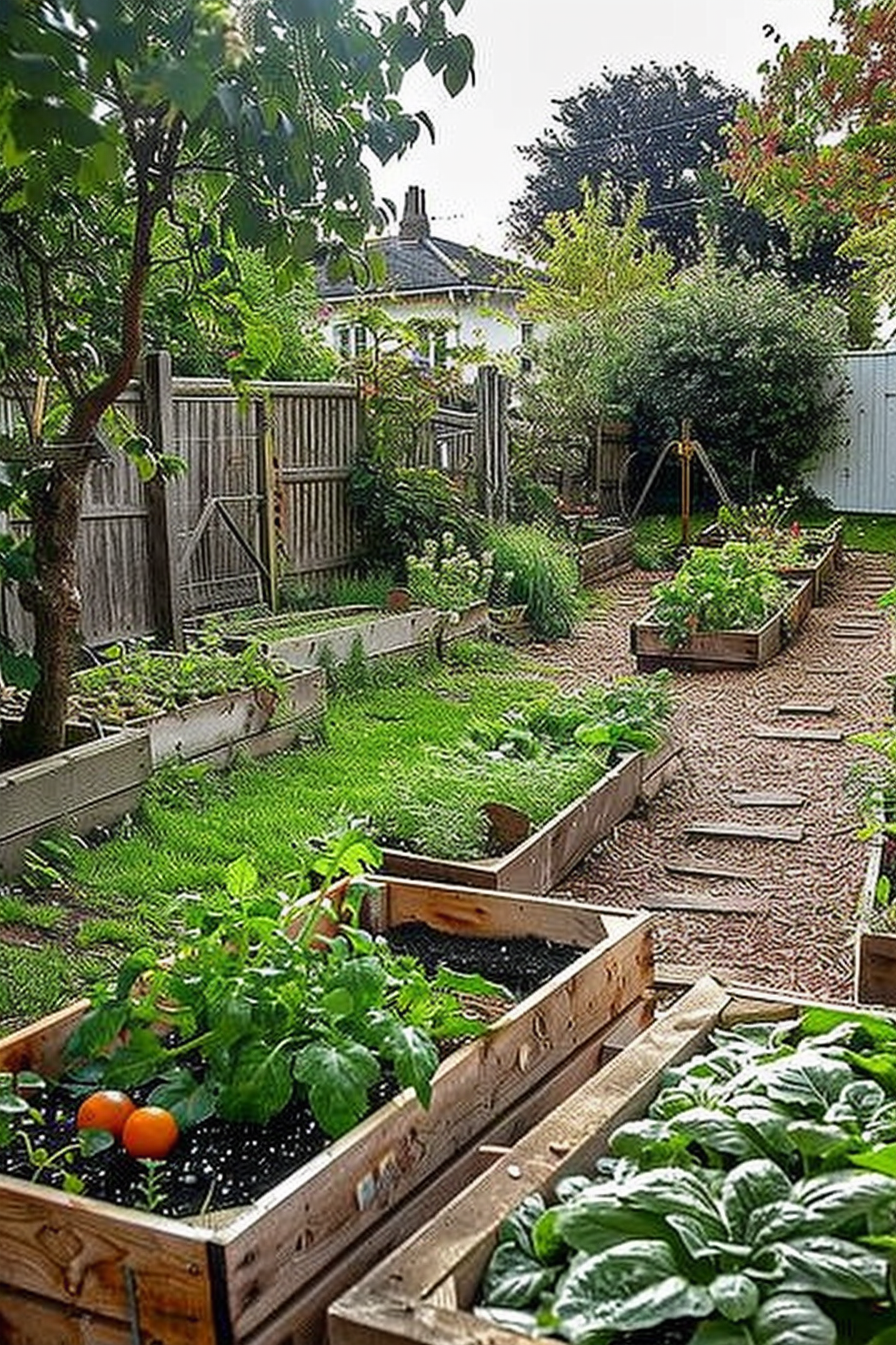 ALT text: An organized backyard garden with raised beds full of plants and vegetables, gravel paths, and a wooden fence in the background.