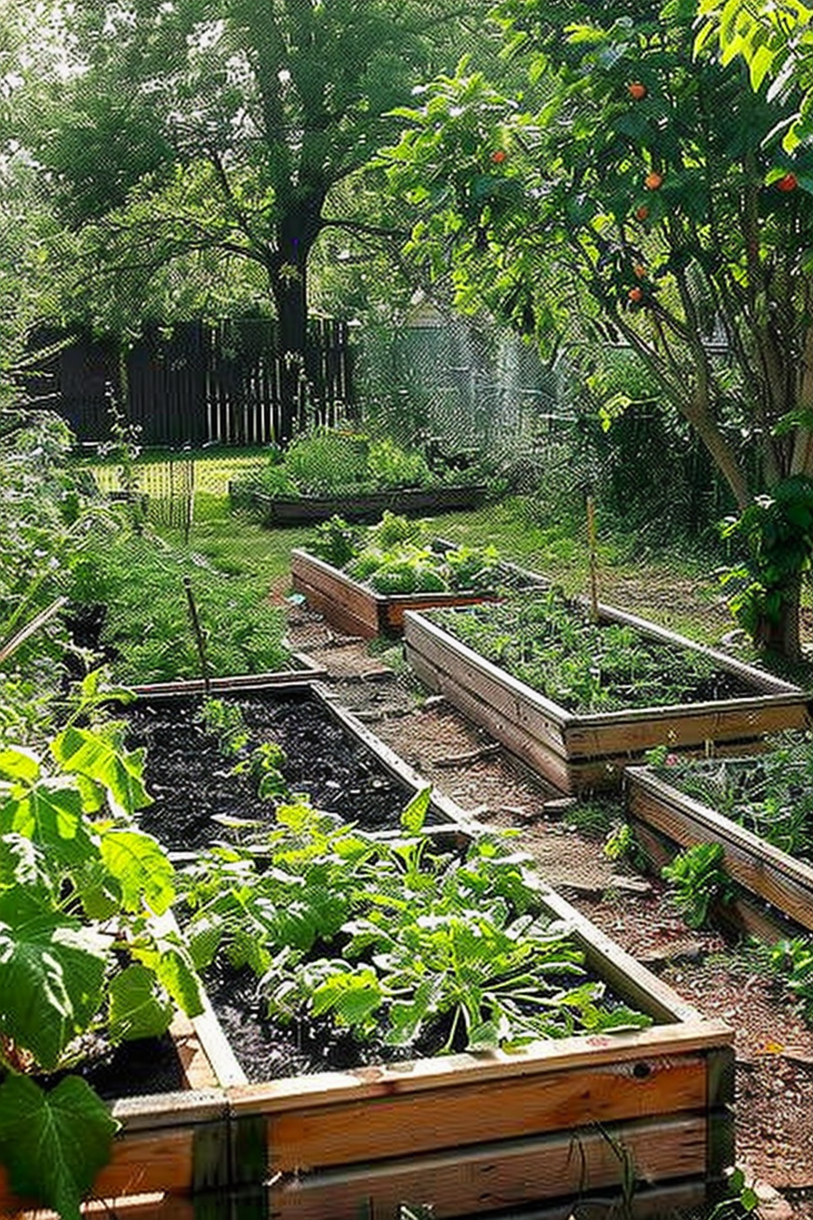 "Raised garden beds with various plants in a sunny backyard, surrounded by trees and a fence."