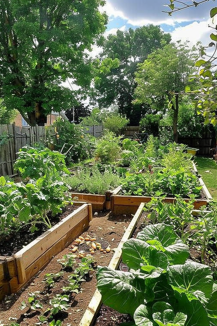 A lush backyard garden with raised wooden beds of healthy vegetables and greenery under a sunny sky.