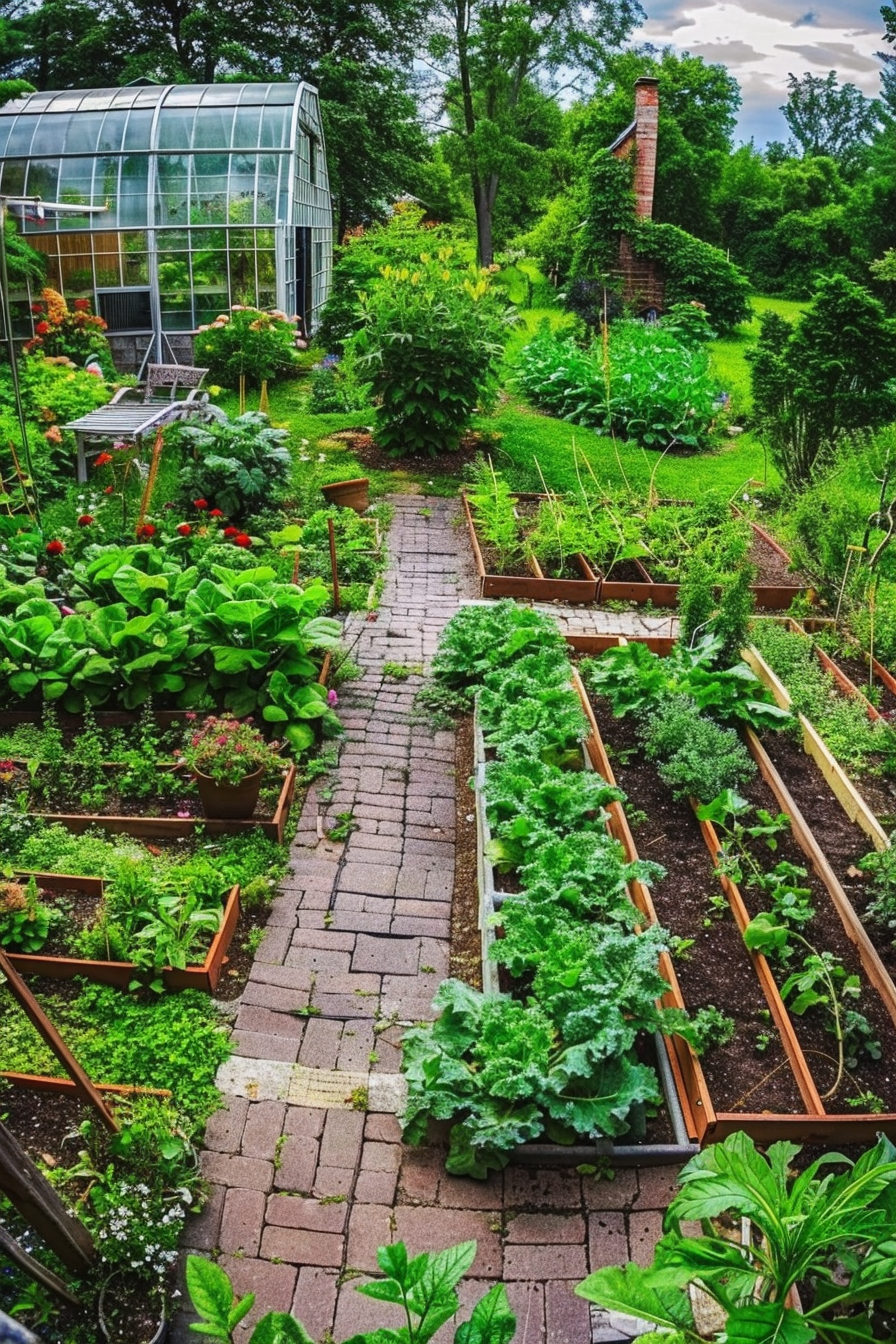 Vibrant backyard garden with raised beds full of leafy greens, brick pathways, and a greenhouse in the background.