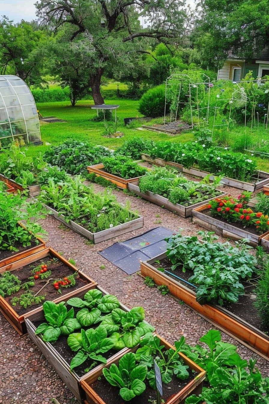 ALT: A lush backyard garden with raised beds full of vegetables, a greenhouse on the left, and mature trees in the background.