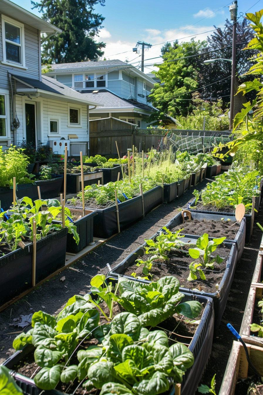 Urban gardening scene with multiple raised beds and lush green plants in a backyard, with a house partially visible in the background.