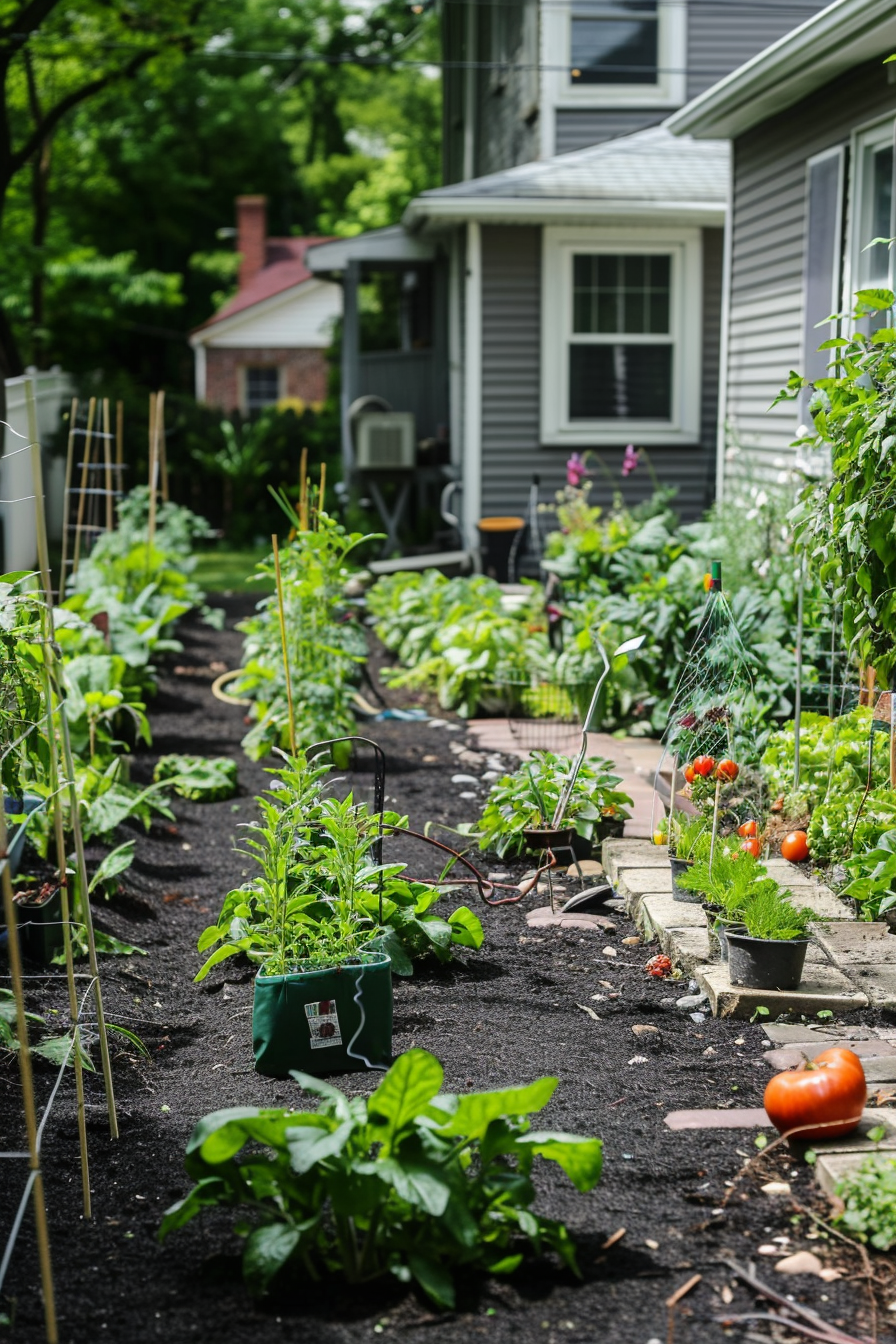 A lush backyard vegetable garden with a variety of plants and a ripe tomato on the path, next to a grey house with greenery.
