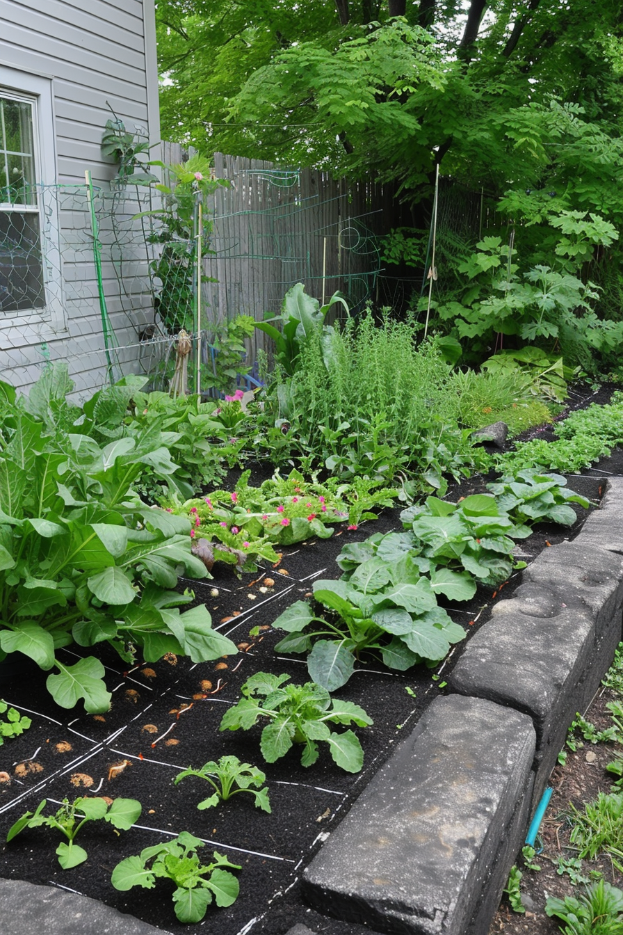An organized backyard garden with various growing vegetables and flowers, bordered by stone and a wooden fence.