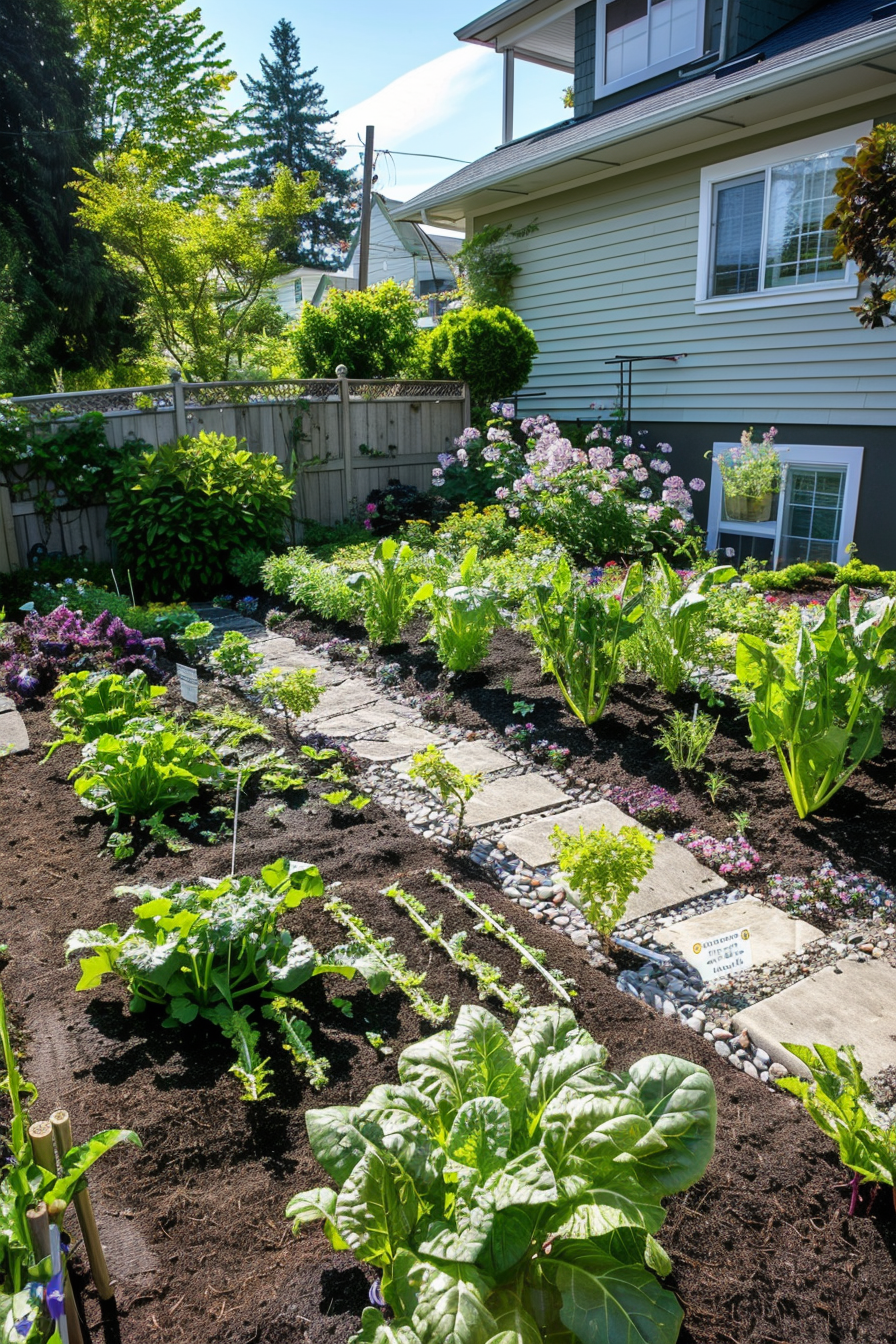 A lush backyard garden with a variety of vegetables and flowers in front of a two-story house on a sunny day.