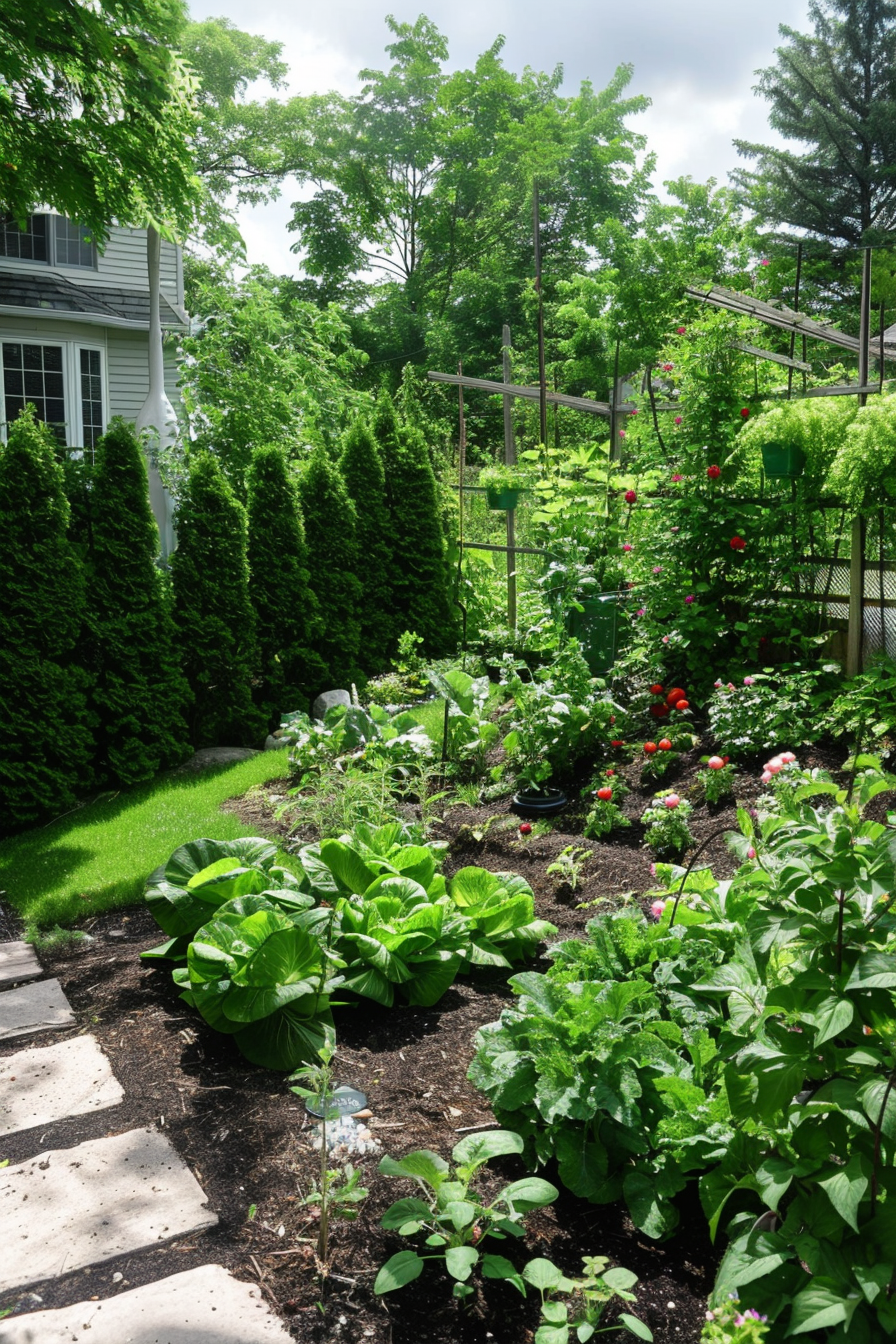 A lush backyard vegetable garden with rows of various plants and a flowering trellis, adjacent to a residential home.