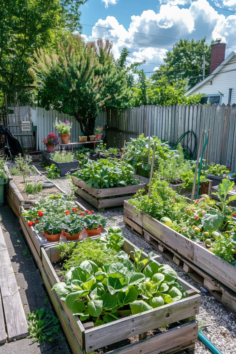 ALT: A vibrant urban garden with raised beds full of lush vegetables, flowers in pots, surrounded by a wooden fence under a sunny sky.