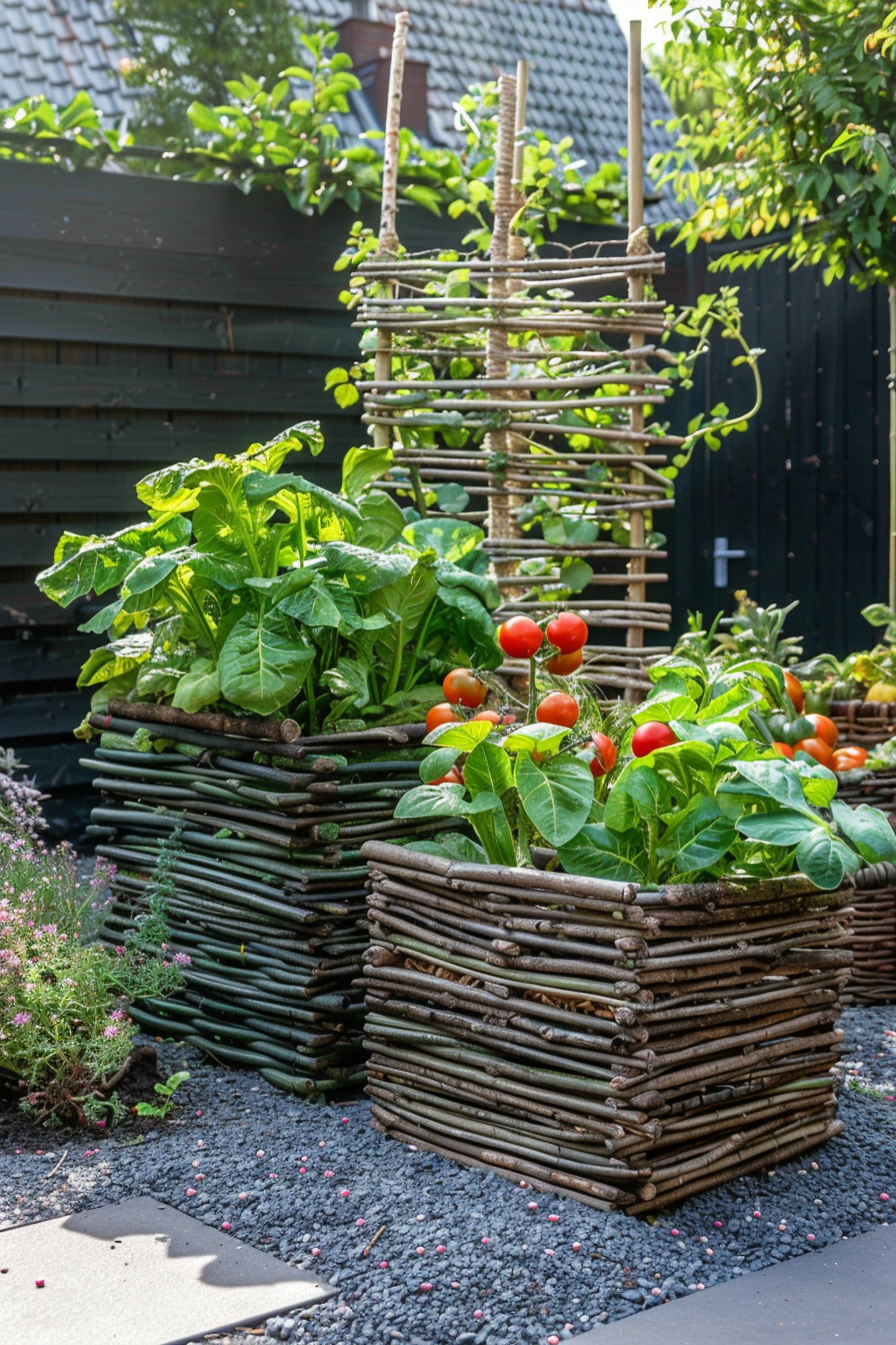 Raised garden beds with lush green plants and ripe tomatoes, surrounded by wicker borders in a backyard.