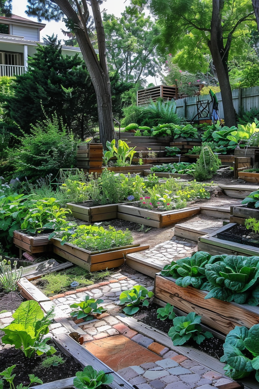 An urban garden with raised beds full of leafy greens and vegetables, surrounded by lush trees and a cobblestone path.