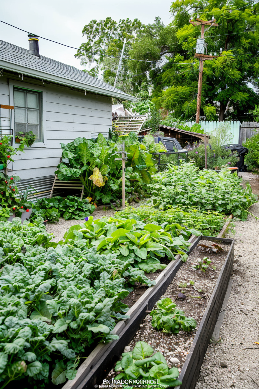 ALT: A lush backyard vegetable garden with raised beds full of leafy greens in front of a small house.