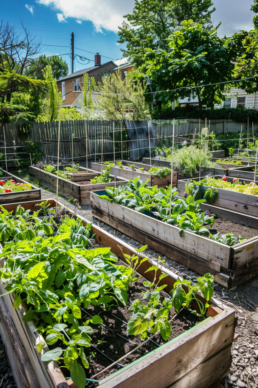 A community garden with raised wooden beds of leafy greens and vegetables on a sunny day.