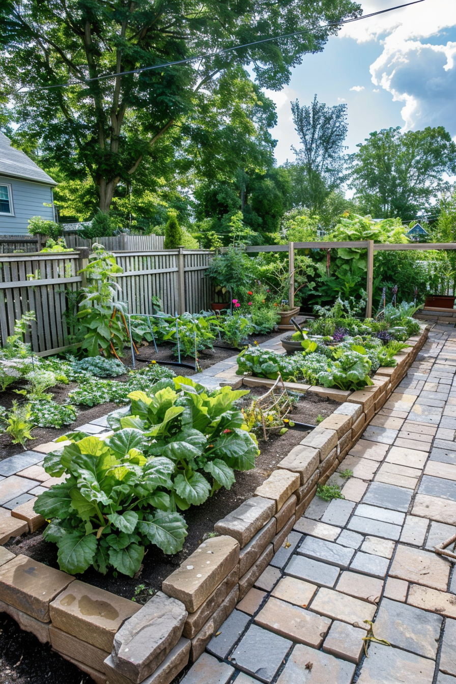 A well-maintained backyard vegetable garden with raised beds, brick pathways, and a variety of plants, framed by a wooden fence.