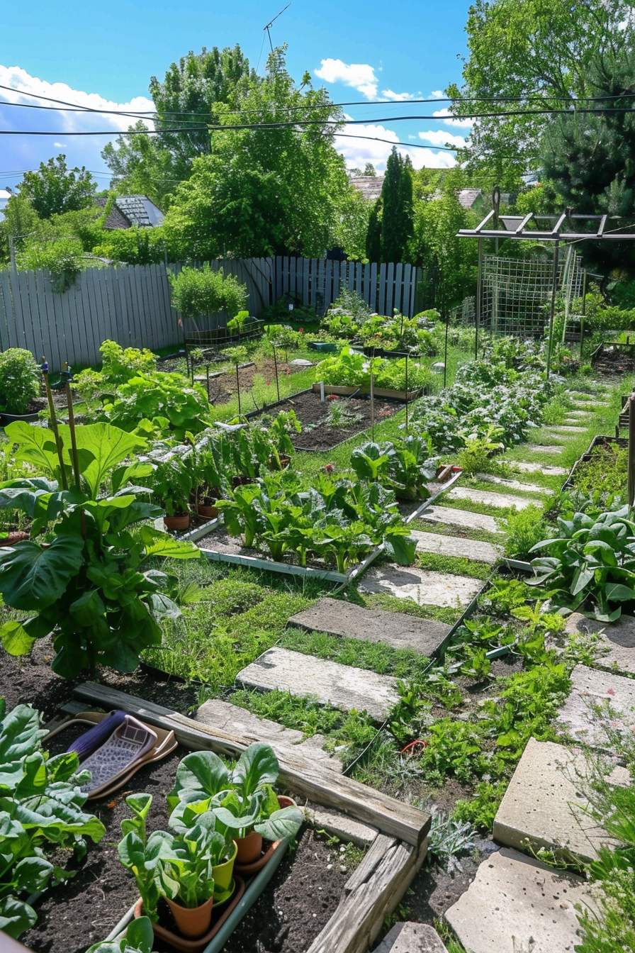 A lush backyard vegetable garden with neatly organized paths and a variety of green plants under a sunny sky.