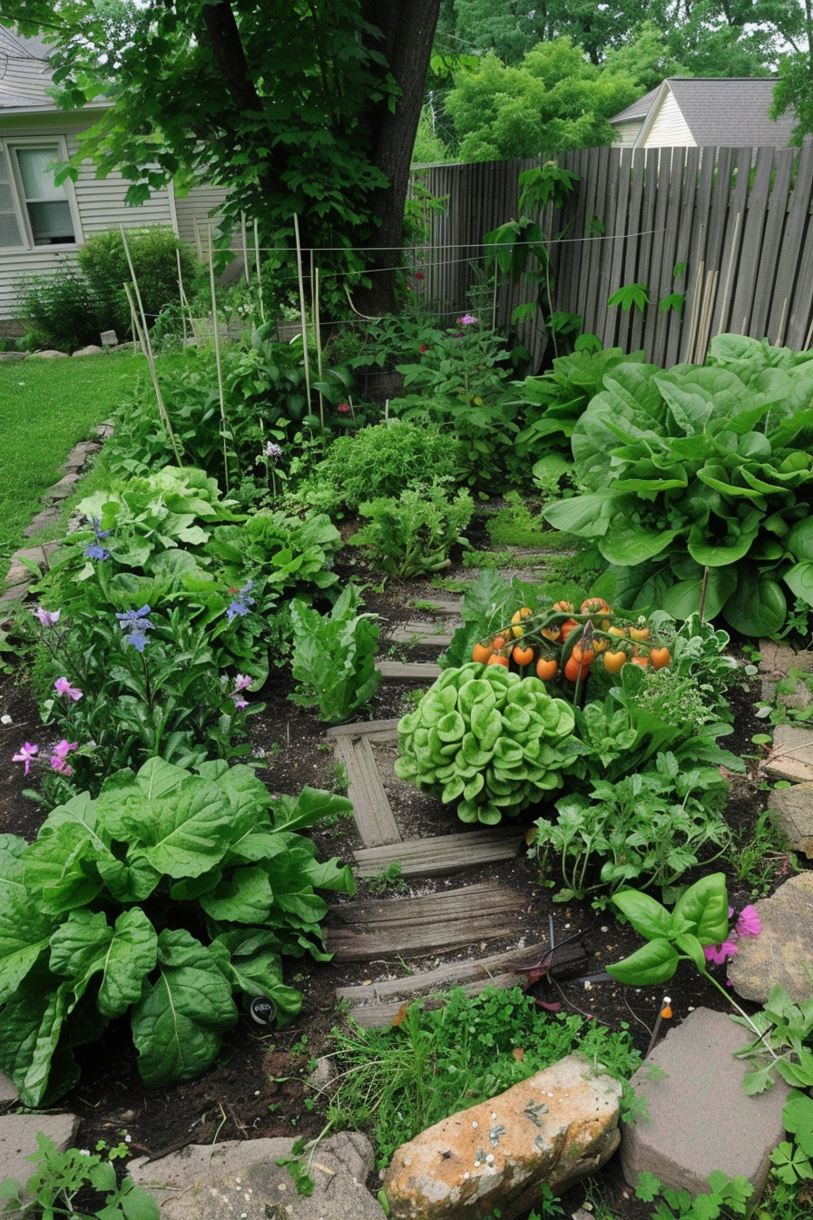 Backyard garden with various green leafy vegetables and flowering plants, bounded by a wooden fence and accompanied by a large tree.