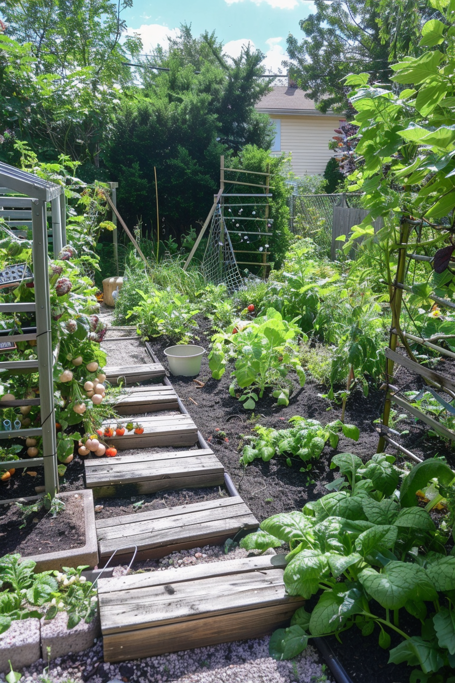 Lush backyard vegetable garden with raised beds, trellises, and a variety of plants on a sunny day.