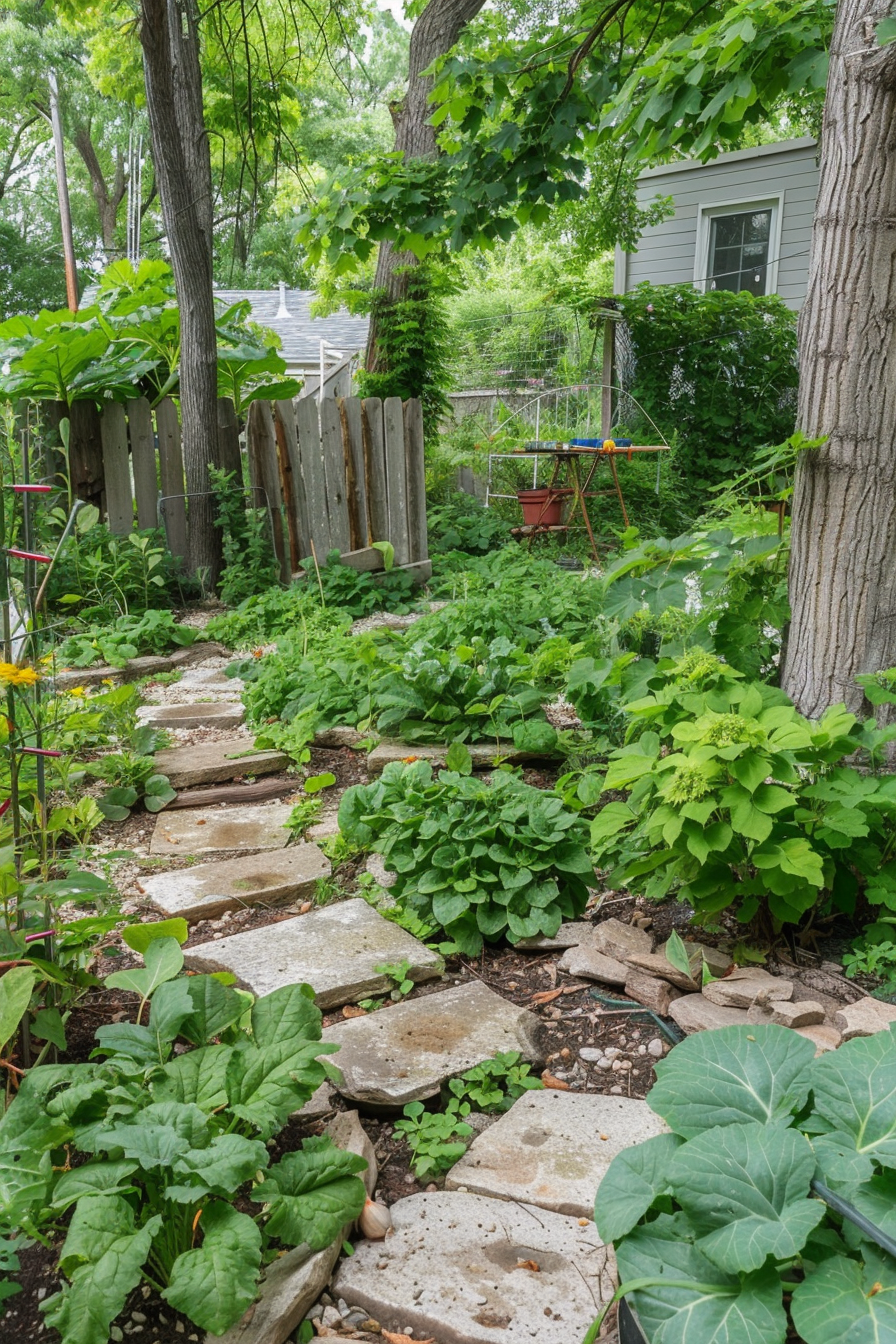 A verdant backyard garden path lined with flat stones, surrounded by lush greenery and trees, leading toward a house.