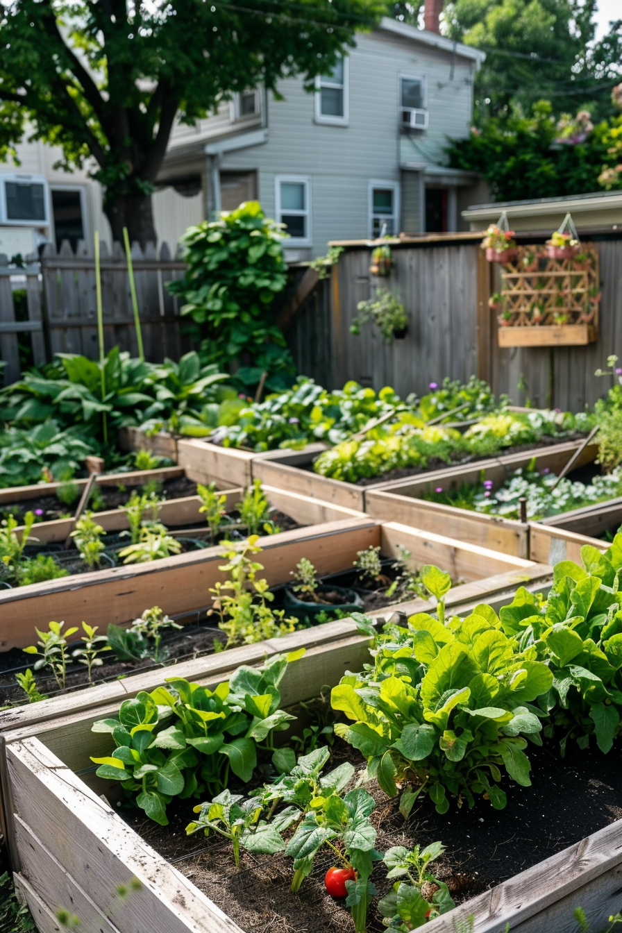Raised garden beds with various plants in a backyard, with a house and a wooden fence in the background.