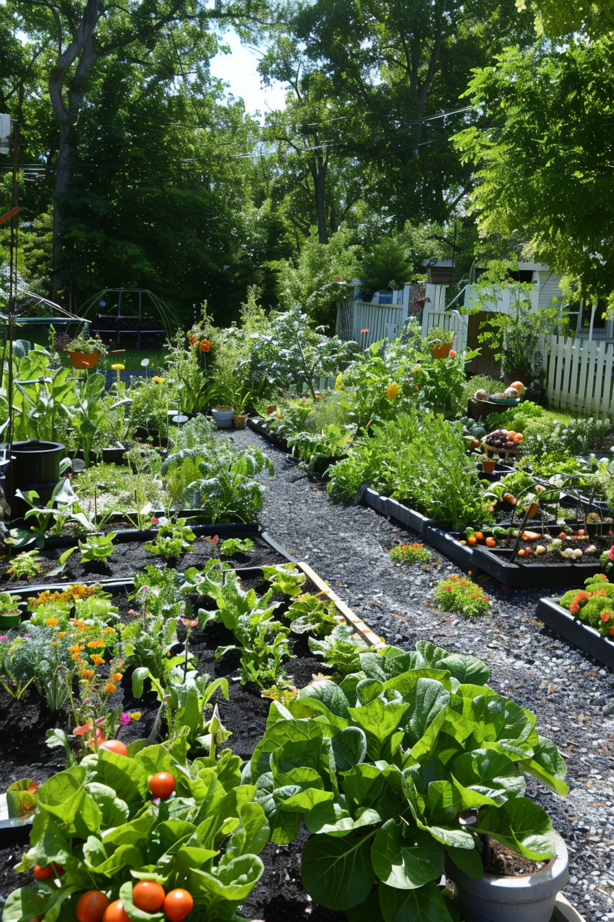 A lush backyard garden with raised beds full of vegetables and flowers, a gravel path, surrounded by greenery and fences.