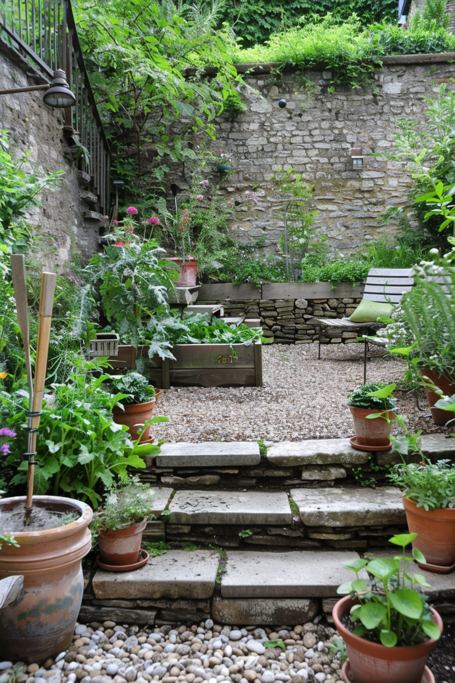 A serene garden with stone steps, raised flower beds, potted plants, and a bench against an old stone wall.