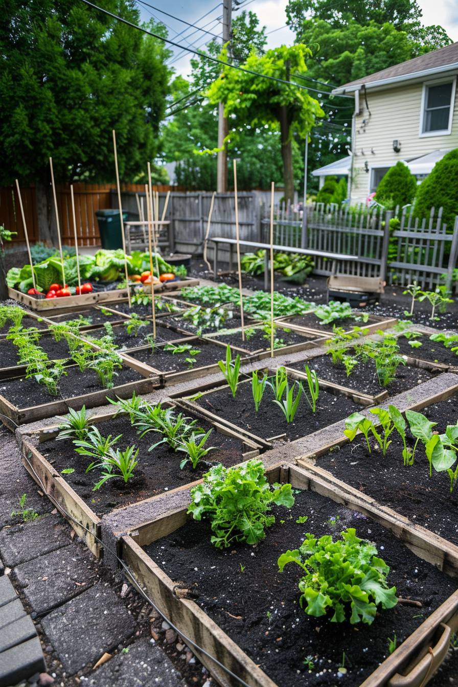 ALT: Neatly organized backyard garden with raised beds containing various green leafy plants, with a house and trees in the background.