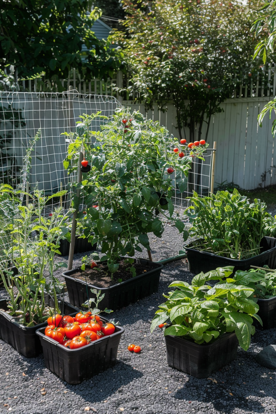 ALT: A home garden with ripe tomatoes on the vine and in a basket, alongside other lush green plants, with a white fence in the background.