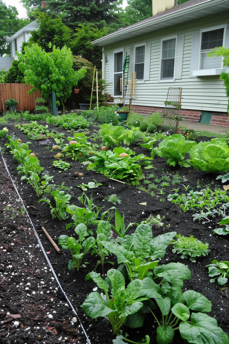 A lush backyard vegetable garden with rows of various greens in front of a beige house with wooden siding and white windows.
