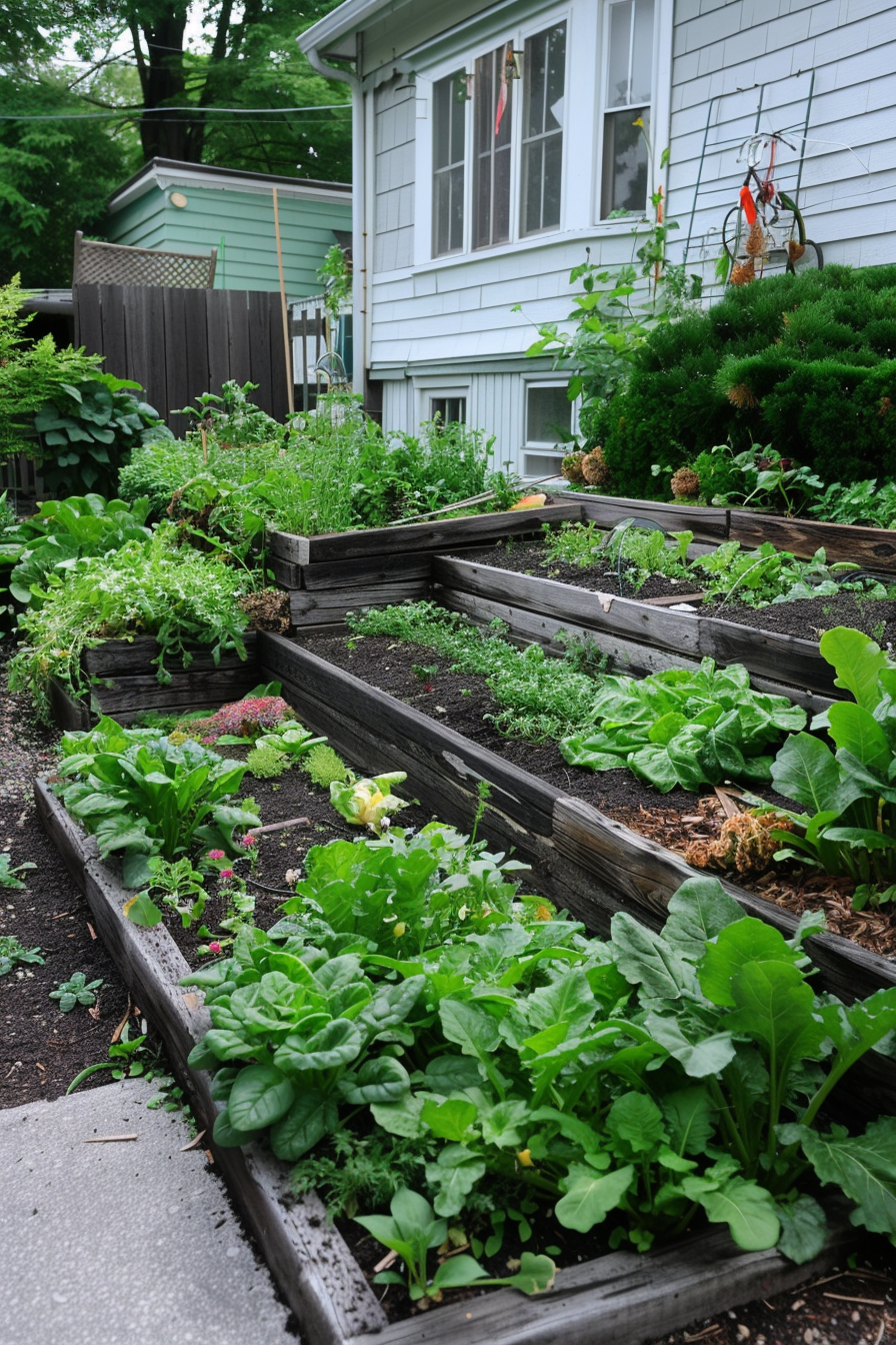 Raised garden beds with various leafy greens in a backyard setting, with a house and fence in the background.