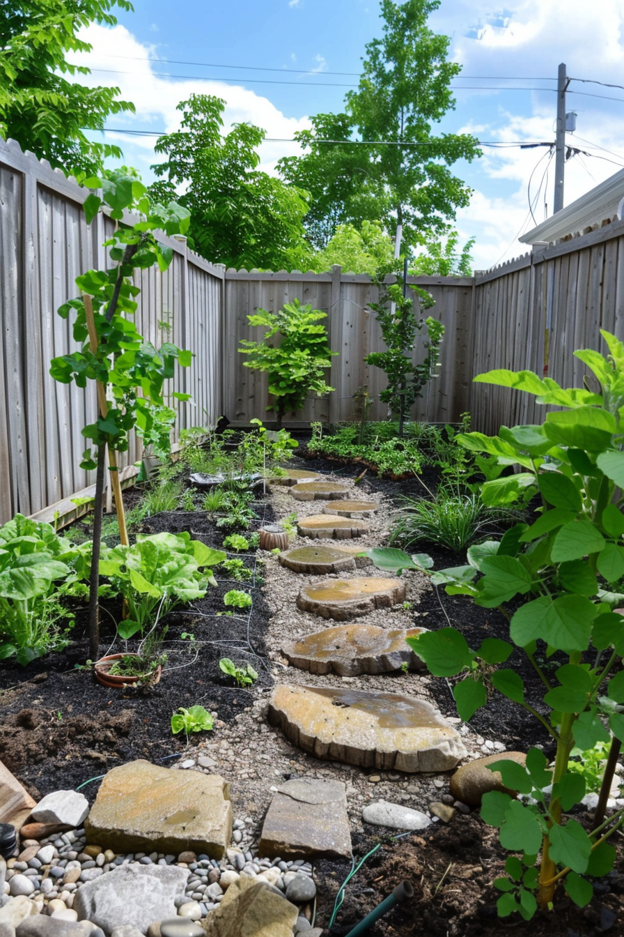 A serene backyard garden with stone pathway, surrounded by a wooden fence and dotted with young plants under a clear sky.