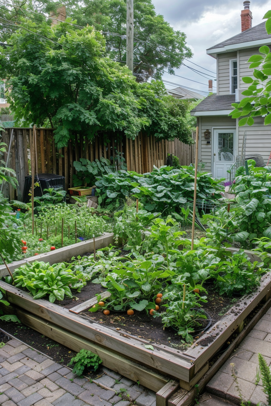 Lush backyard vegetable garden with raised beds full of mature plants, surrounded by a wooden fence and a small house in the background.