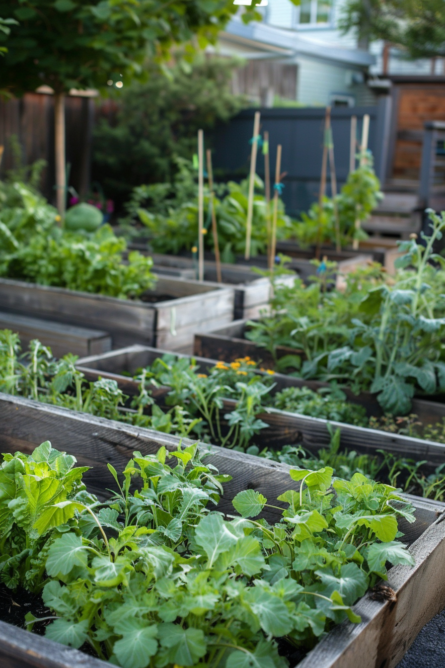 Raised garden beds filled with various green plants in an urban backyard garden.