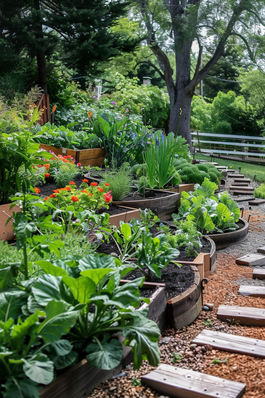 A lush community garden with raised beds filled with a variety of plants, vegetables, and flowers, surrounded by trees.