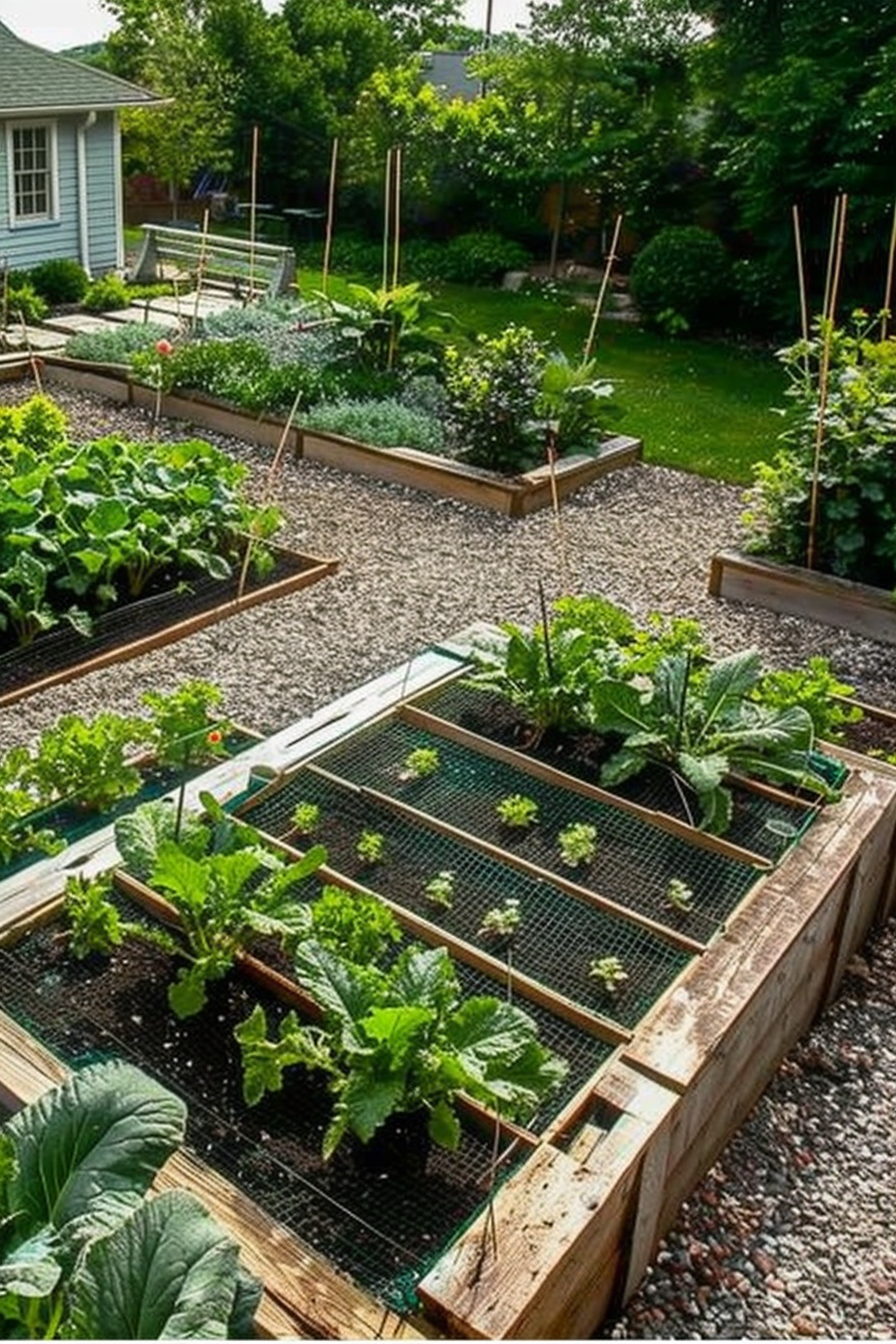 A well-organized backyard garden with raised beds featuring a variety of green plants and a gravel pathway.
