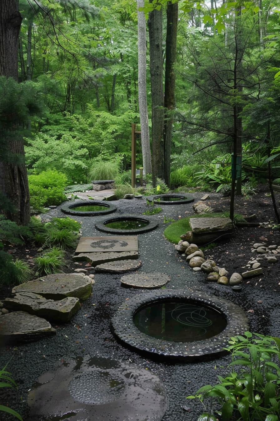 A serene garden path with stepping stones and circular ponds surrounded by lush greenery and trees.