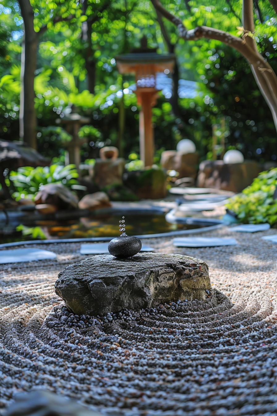 ALT: A Zen garden with a balanced stone emitting a tranquil water ripple, situated on a patterned rock bed, with a blurred green backdrop.