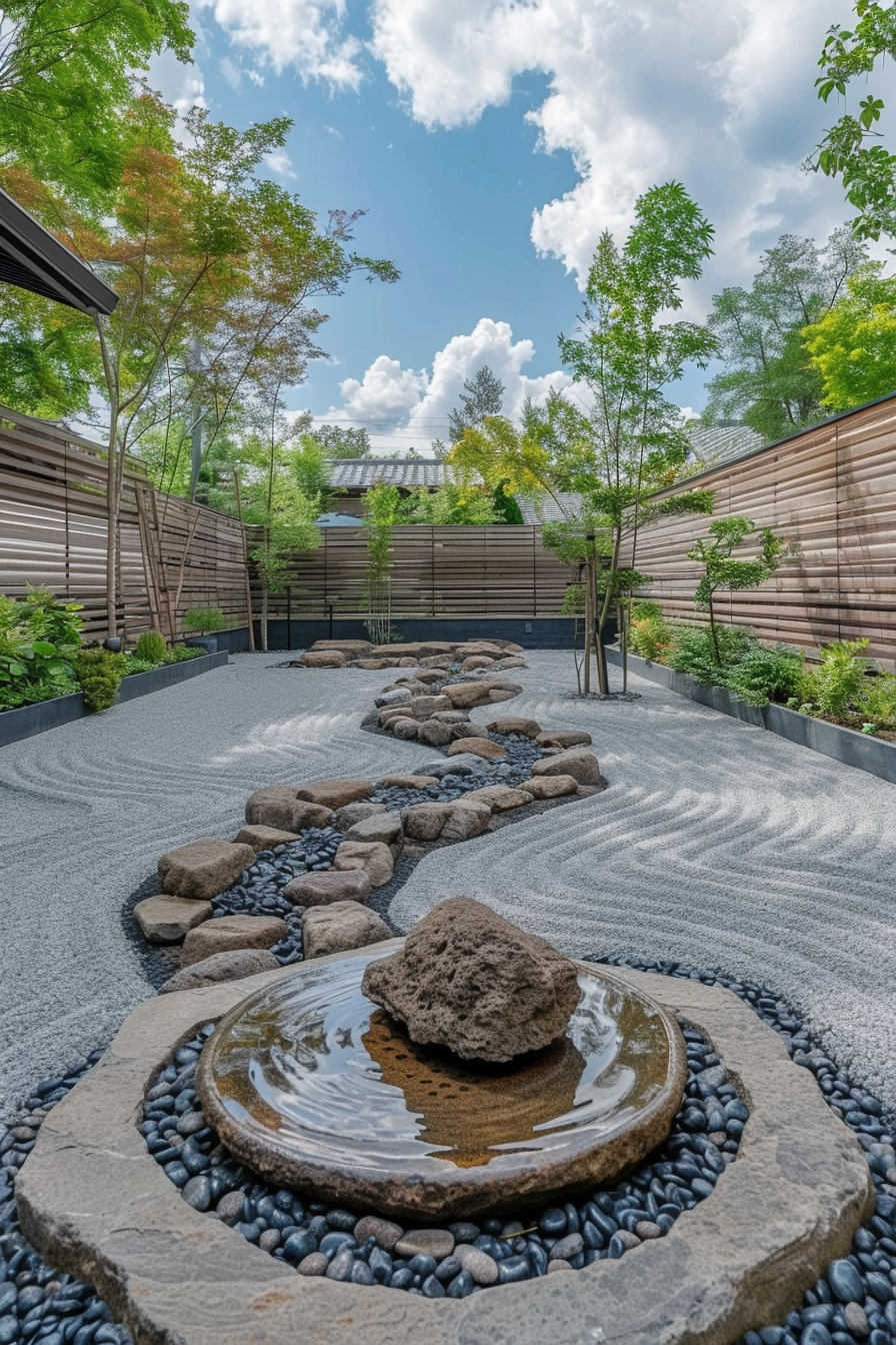 A tranquil Japanese rock garden with raked gravel, stepping stones, a water feature, surrounded by trees and wooden fences.