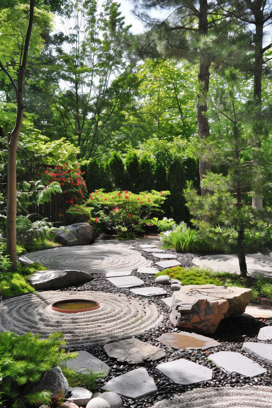 A serene Zen garden with a raked gravel area, stepping stones, blooming red flowers, and lush greenery.