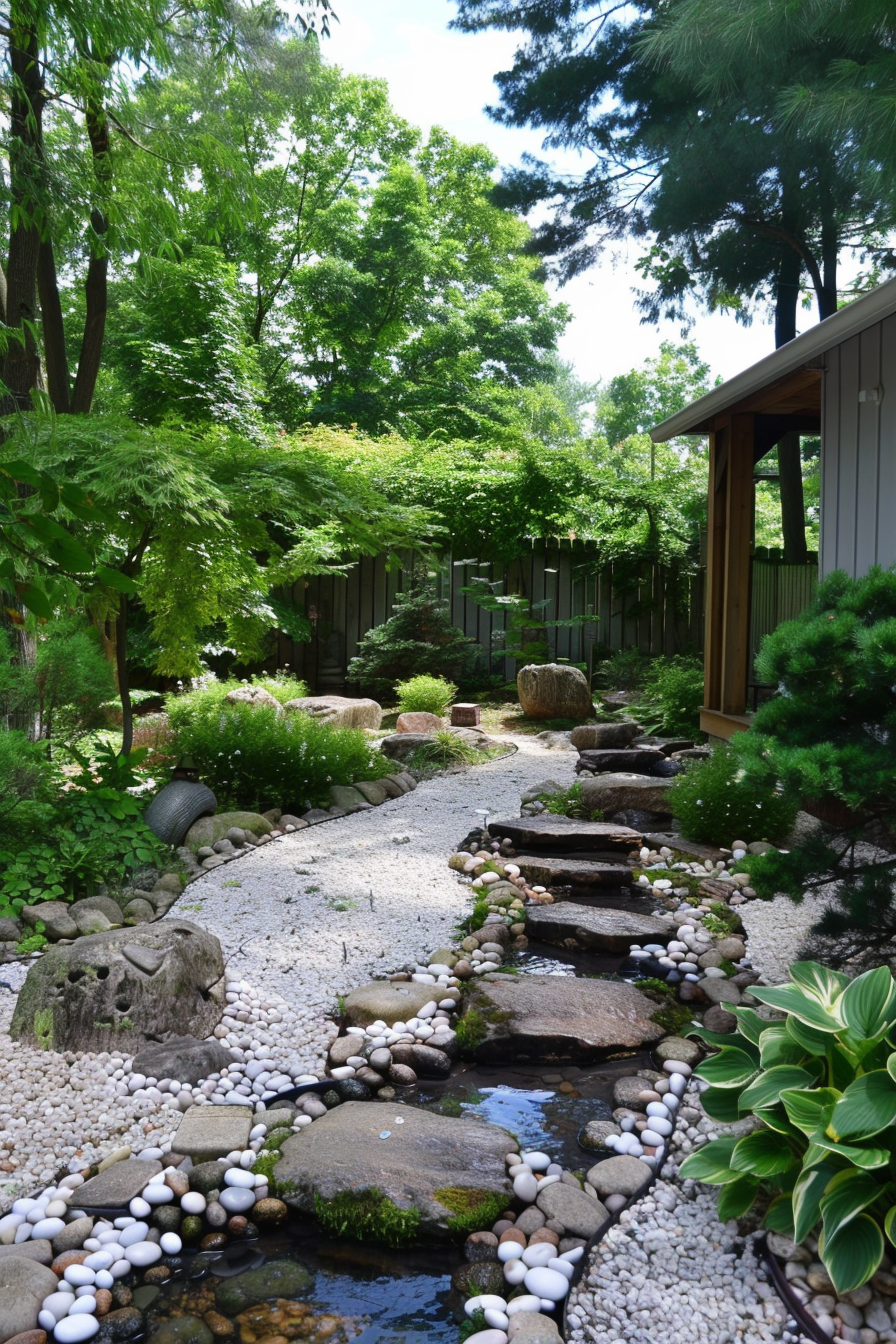 ALT text: Lush garden with a stepping stone path across a small stream, surrounded by greenery and trees under a sunny sky.