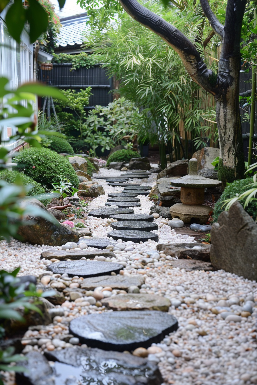 ALT: A serene Japanese garden pathway with stepping stones surrounded by lush greenery, pebbles, and a traditional stone lantern.