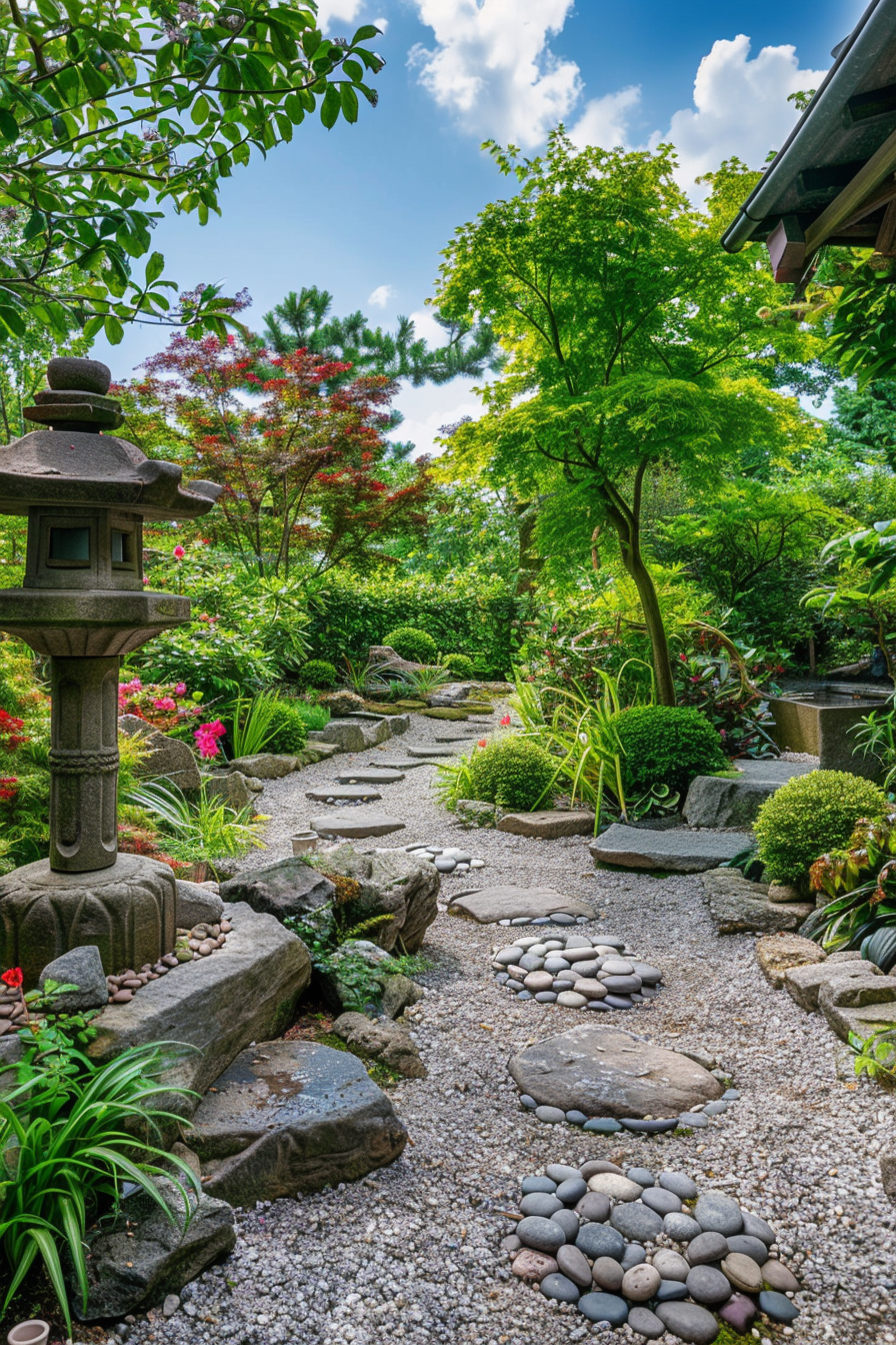 ALT: A tranquil Japanese garden path with stepping stones, vibrant green foliage, a stone lantern, and blue sky partly visible through trees.