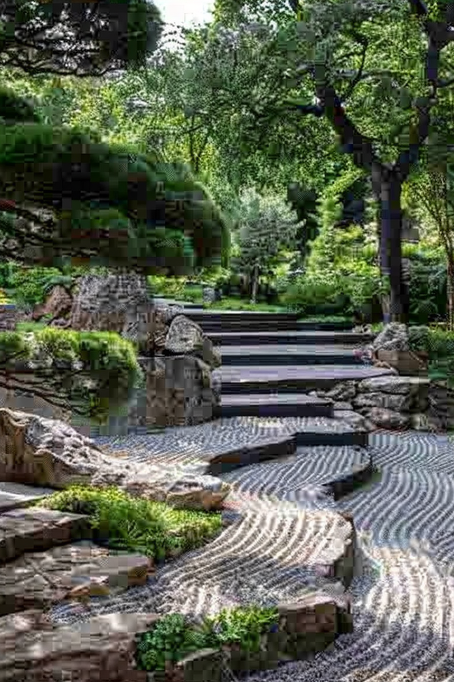 Serpentine stone path with Zen-like pebble patterns winding through a lush garden with vibrant greenery and trees.