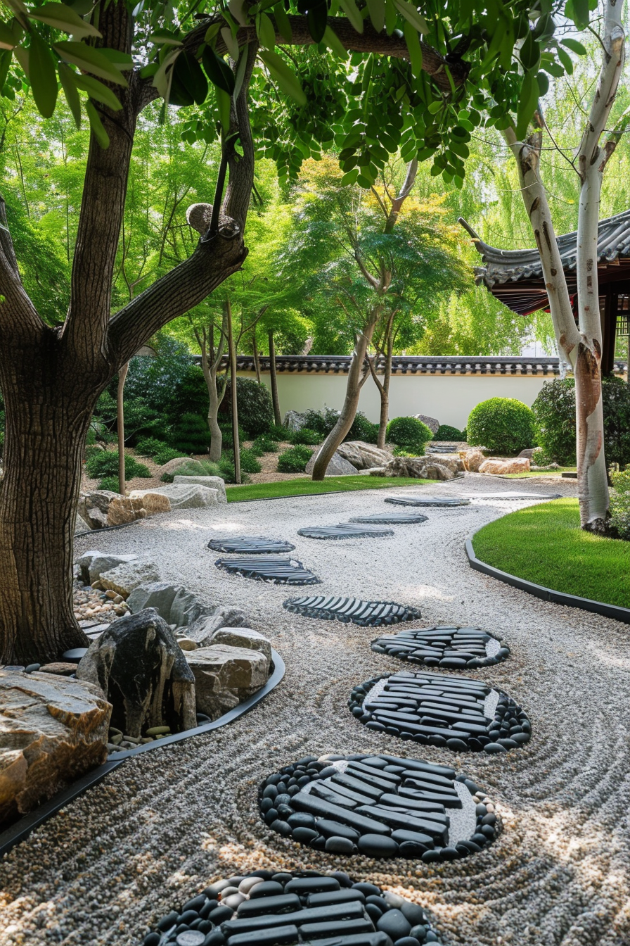 ALT: A serene Japanese garden with a winding sand path lined with round stepping stones, surrounded by lush trees, rocks, and a pagoda.
