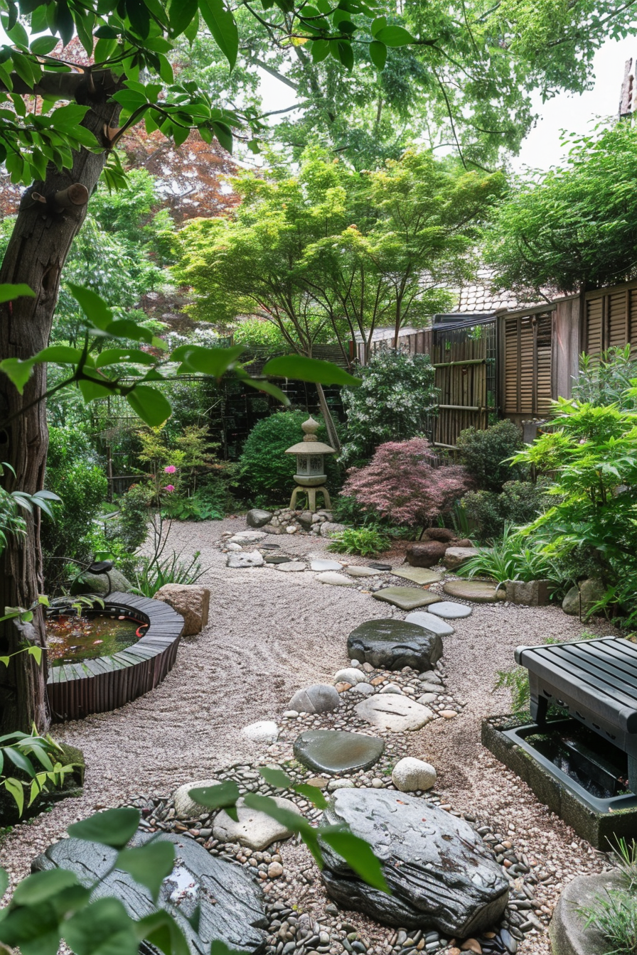 A serene Japanese garden with stepping stones, a lantern, lush greenery, and a small pond with koi fish.