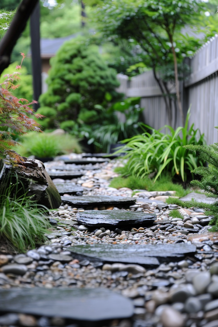 A serene garden pathway made of large flat stones surrounded by green plants, pebbles, and a wooden fence in the background.